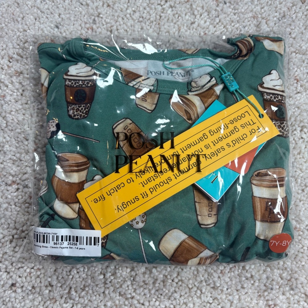 Posh Peanut Pajama Set Kids 7-8Y Teal Morning Brew Coffee Bamboo Sleepwear NWT